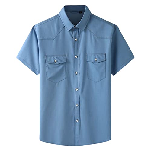 Momooda Herren Jeanshemd Regular Fit Stretch Kurzarm Button-Down-Hemden, lässige leichte Sommerhemden, Himmelblau 01, 7XL von Momooda