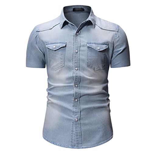 Momooda Herren Jeanshemd Slim Fit Kurzarm Button-Down-Hemden, lässige Stretch-Sommer-Baumwollhemden, Hellblau 01, M von Momooda