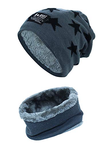 Momoon Dicke Beanie Hut +Schal Set Winter Warmen Schnee Knit Skull Cap für Kinder Jungen Mädchen(Suitable for 6-14, Stern dunkelgrau, one size(fit teenager 6-14) von YR.Lover