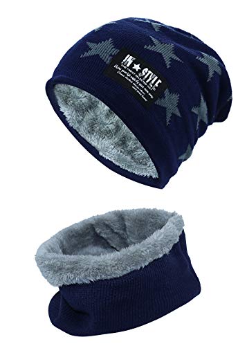 YR.Lover Momoon Dicke Beanie Hut +Schal Set Winter Warmen Schnee Knit Skull Cap für Kinder Jungen Mädchen(Suitable for 6-14 one Size(fit Teenager 6-14), Stern blau) von Momoon