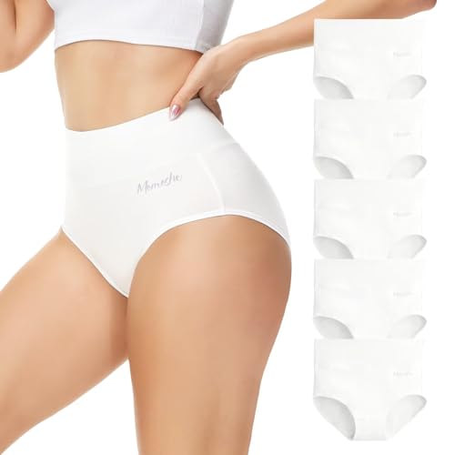 Momoshe Bauchweg Unterhose Damen Perioden Unterwäsche Hipster High Waist Hohe Taille Tanga Schlüpfer Baumwolle Women's Knickers Weiß 5er Pack M von Momoshe