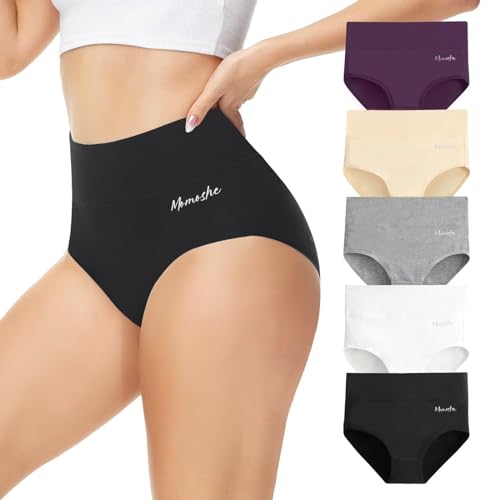 Momoshe Bauchweg Unterhose Damen Unterhosen Frauen Sport Slips Pantys High Waisted Stretch Atmungsaktiv Tanga Menstruationsunterwäsche Schwarz Weiß Grau Farbe Lila 5er Pack S von Momoshe