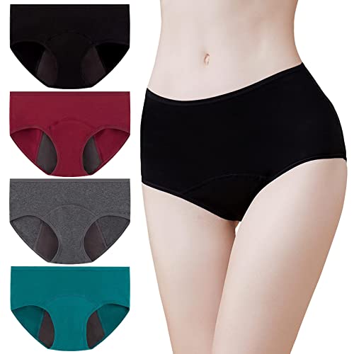 Momoshe Perioden Unterwäsche Starke Blutung Damen 4er Pack Baumwolle Unterhosen Menstruation Panty Schwarz Dunkelgrau Weinrot Grün XXL von Momoshe