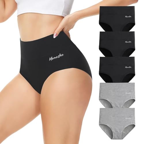 Momoshe Unterhosen Damen Baumwolle Unterwäsche Frauen High Waist Bauch Weg Unterhose Slip Atmungsaktiv Tanga Hohe Taille Weich Panties Schwarz Grau 5er Pack XL von Momoshe