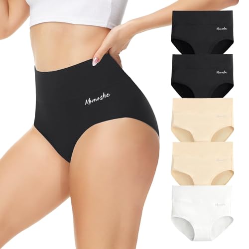 Momoshe Unterhosen Damen Baumwolle Unterwäsche Frauen High Waist Bauch Weg Unterhose Slip Atmungsaktiv Tanga Hohe Taille Weich Panties Schwarz Weiß Farbe 5er Pack XL von Momoshe