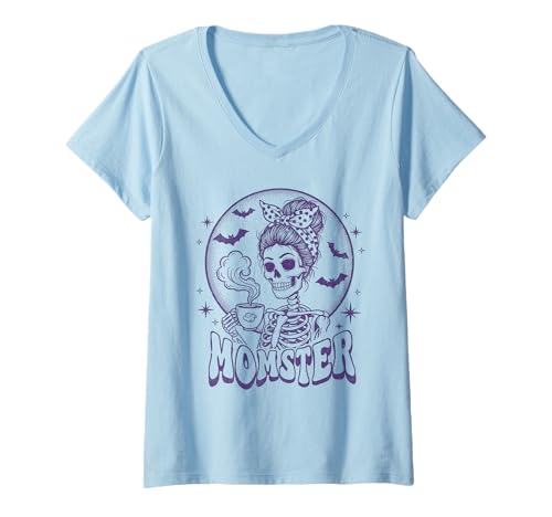 Damen Halloween-Monster im Vintage-Stil, unordentlicher Haarknoten, Totenkopf, Monster Mama T-Shirt mit V-Ausschnitt Damen Halloween-Monster im Vintage-Stil, unordentlicher Haarknoten, Totenkopf, Monster Mama T-Shirt mit V-Ausschnitt von Momster Costume Halloween Skull Mom