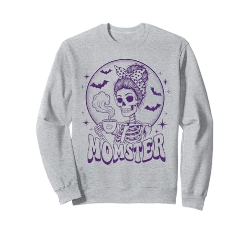 Halloween-Monster im Vintage-Stil, unordentlicher Haarknoten, Totenkopf, Monster Mama Sweatshirt Halloween-Monster im Vintage-Stil, unordentlicher Haarknoten, Totenkopf, Monster Mama Sweatshirt von Momster Costume Halloween Skull Mom