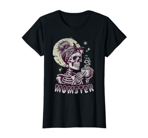 Momster Skull Mom Coffee Lover Halloween-Haarbrötchen Mama T-Shirt Momster Skull Mom Coffee Lover Halloween-Haarbrötchen Mama T-Shirt von Momster Costume Halloween Skull Mom
