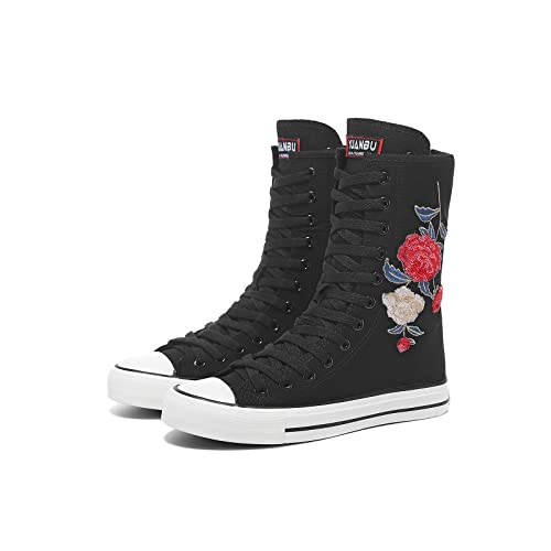 Damen-Sneaker aus Segeltuch, hohe Spitze, modische Freizeitschuhe für Mädchen, Schwarz-03, 40 EU von Momuk