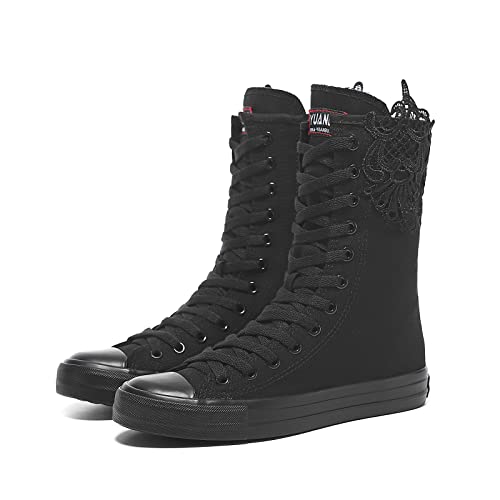 Damen-Sneaker aus Segeltuch, hohe Spitze, modische Freizeitschuhe für Mädchen, Schwarz-12, 39 EU von Momuk