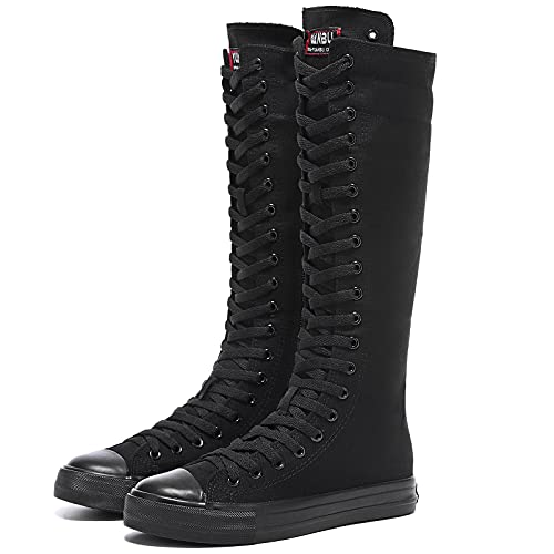 Momuk Damen Canvas Hohe Kniestiefel Modisch Knie Hoch Schnüren Segeltuch Stiefel Seitlicher Reißverschluss Tanzstiefel Sportschuhe (Schwarz, 41 EU) von Momuk