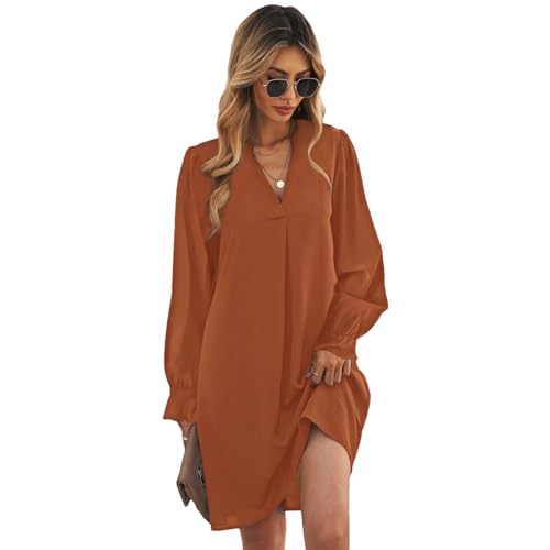 Momuk Damen Freizeitkleider Sommerkleider Knielang V-Ausschnitt Ruffle Lose Langarm Solide Farbe Kurze Kleider für Frauen (Khaki, M) von Momuk