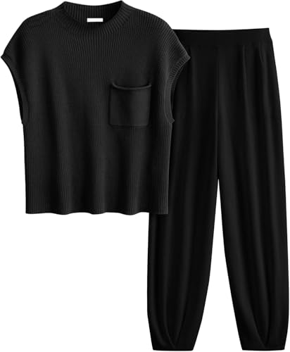Momuk Damen Outfits Casual 2 Stück Kurzärmeliger Pullover aus Rippenstrick Hose mit hoher Taille und weitem Bein LoungeWear Trainingsanzug Passende Sets (Schwarz XS) von Momuk