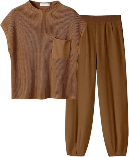 Momuk Damen Outfits Casual 2 Stück Kurzärmeliger Pullover aus Rippenstrick Hose mit hoher Taille und weitem Bein LoungeWear Trainingsanzug Passende Sets (Braun M) von Momuk