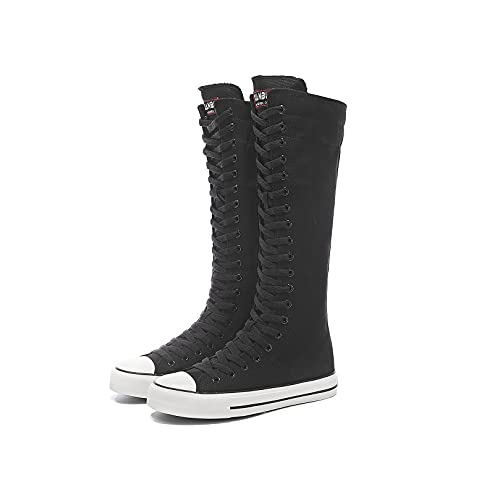 Momuk Damen Stiefel Mitte Wade Kniehoch Hoher Reißverschluss Hoher Schnürschuh Stilvolle Punk Flache Sneaker Stiefel Schuhe für Mädchen von Momuk