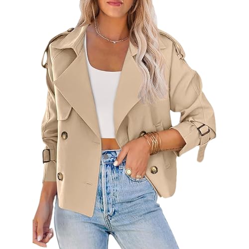 Momuk Damen Trenchcoat in Verkürzter Länge Lange Ärmel Lässig Lockerer Revers Doppelreihig Kurze Jacke Oberbekleidung mit Taschen (Hellkhaki XL) von Momuk