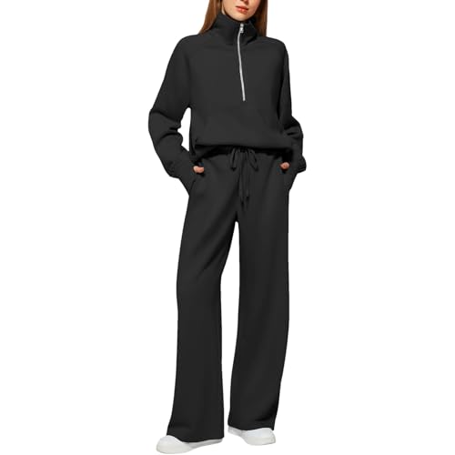 Momuk Frauen 2 Stück Outfits Trainingsanzug Set Lässige Revers Hälfte Zip Sweatshirts und weite Hosen Lounge Set Trainingsanzug (Schwarz S) von Momuk
