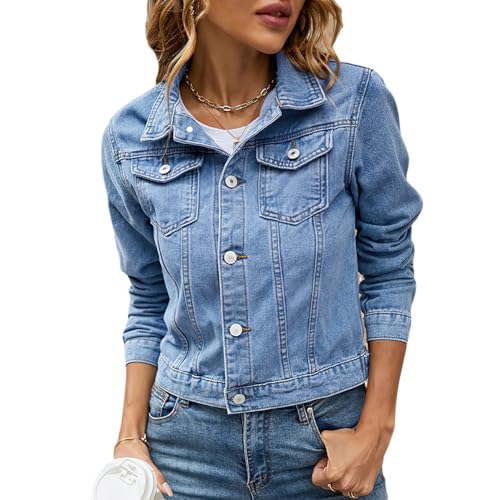 Momuk Jeansjacke Damen Knopf oben solide Vintage Farbe Basic Langarm Freund Denim Jacke Mantel (Hellblau, M) von Momuk