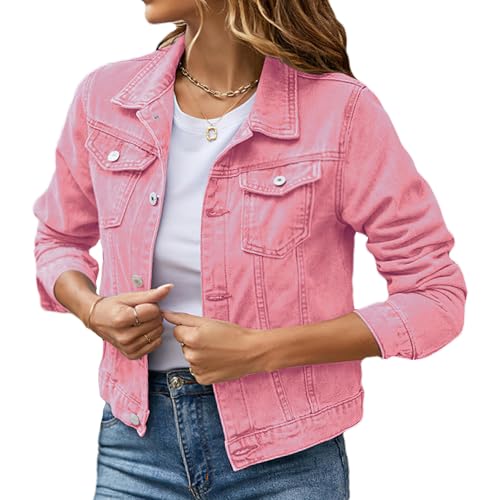 Momuk Jeansjacke Damen Knopf oben solide Vintage Farbe Basic Langarm Freund Denim Jacke Mantel (Rosa, S) von Momuk