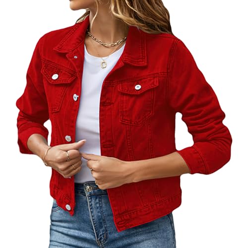 Momuk Jeansjacke Damen Knopf oben solide Vintage Farbe Basic Langarm Freund Denim Jacke Mantel (Rot, S) von Momuk