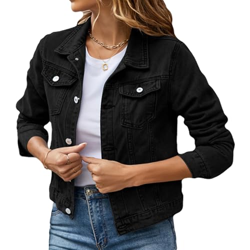 Momuk Jeansjacke Damen Knopf oben solide Vintage Farbe Basic Langarm Freund Denim Jacke Mantel (Schwarz, M) von Momuk