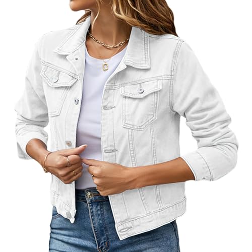 Momuk Jeansjacke Damen Knopf oben solide Vintage Farbe Basic Langarm Freund Denim Jacke Mantel (Weiß, L) von Momuk