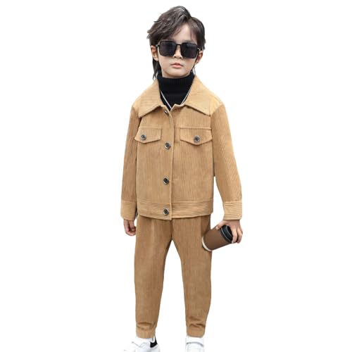 Momuk Jungen Cord Casual Anzug Set 2 Stück Jungen Button Up Taschen Cord Jacke Mantel Oberbekleidung Hose Set für Freizeit(Khaki 130) von Momuk