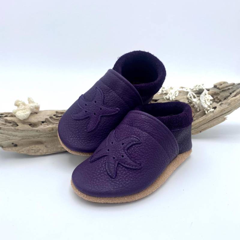Lila Leder-Babyschuhe - Mit Seestern-Applikation Handgearbeitet, Krabbelschuhe Für Babys Und Kinder von MonShopDE