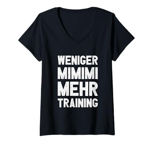 Damen Weniger Mimimi mehr Training Witziges Workout Fitness T-Shirt mit V-Ausschnitt von Mona Eva Sports Apparel