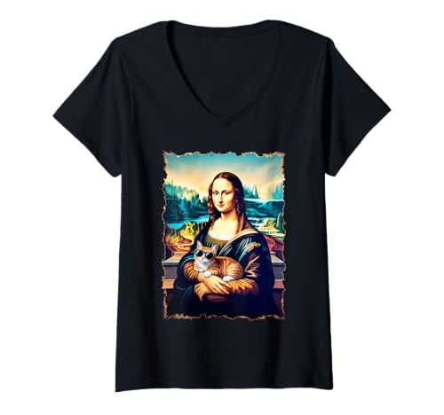 Damen Mona Lisa hält eine Katze mit Sonnenbrille lustige orangefarbene Katze T-Shirt mit V-Ausschnitt Damen Mona Lisa hält eine Katze mit Sonnenbrille lustige orangefarbene Katze T-Shirt mit V-Ausschnitt von Mona Lisa Cat Art Parody Meme Humorous Design