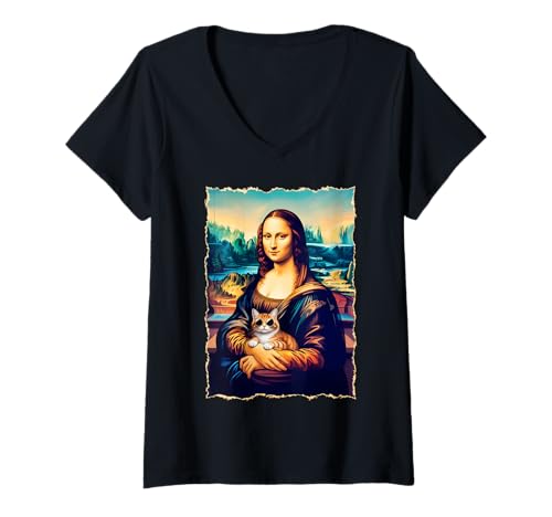 Damen Mona Lisa hält eine Katze mit Sonnenbrille lustige orangefarbene Katze T-Shirt mit V-Ausschnitt Damen Mona Lisa hält eine Katze mit Sonnenbrille lustige orangefarbene Katze T-Shirt mit V-Ausschnitt von Mona Lisa Cat Art Parody Meme Humorous Design