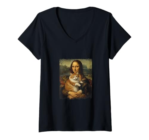 Damen Cat Art Lustige Mona Lisa Parodie Klassische Malerei Mashup T-Shirt mit V-Ausschnitt Damen Cat Art Lustige Mona Lisa Parodie Klassische Malerei Mashup T-Shirt mit V-Ausschnitt von Mona Lisa Cat Lovers Vintage Art