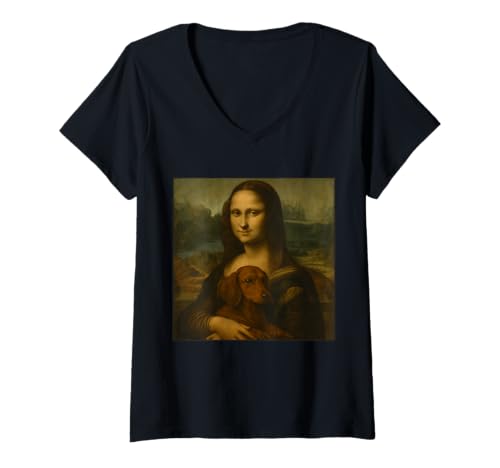 Damen Mona Lisa hält Dackel lustig Hundeliebhaber Kunst Wiener Hund T-Shirt mit V-Ausschnitt Damen Mona Lisa hält Dackel lustig Hundeliebhaber Kunst Wiener Hund T-Shirt mit V-Ausschnitt von Mona Lisa Mutt Threads
