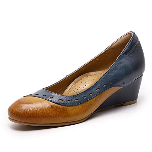 Mona flying Damen Handgefertigt Leder Keilabsatz Pumps Zweifarbig Slip On Heels Freizeit Wedges,Braun-Blau,38 EU von Mona flying