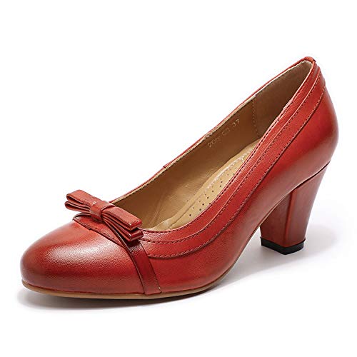 Mona flying Damen Handgefertigt Leder Blockabsatz Pumps Elegante High Heels Slip On Arbeitspumpen,Rot,40.5 EU von Mona flying