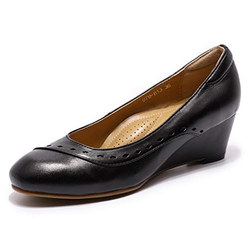 Mona flying Damen Handgefertigt Leder Keilabsatz Pumps Komfort Keilpumps Slip On Wedge Heels,Schwarz,38 EU von Mona flying