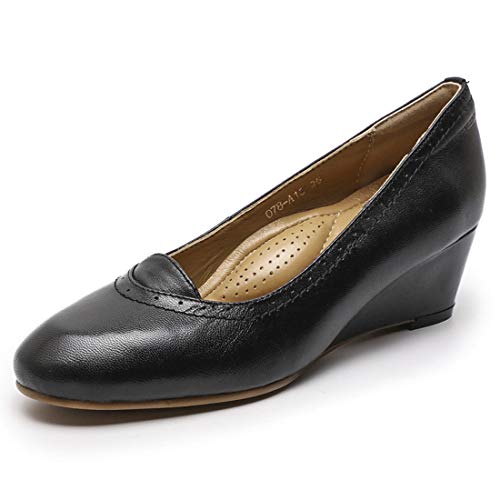 Mona flying Damen Handgefertigt Leder Keilabsatz Pumps Mandelzehe Wedge Heels Einfarbig Keilschuhe,Schwarz,38 EU von Mona flying