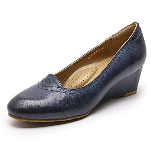 Mona flying Damen Handgefertigt Leder Keilabsatz Pumps Mandelzehe Wedge Heels Einfarbig Keilschuhe,Blau,40 EU von Mona flying