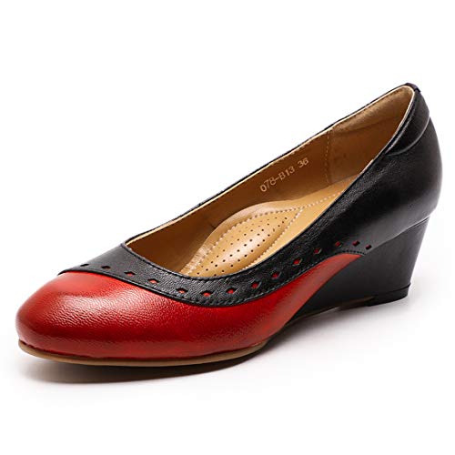 Mona flying Damen Handgefertigt Leder Keilabsatz Pumps Zweifarbig Keilpumps Slip on Wedge Heels,Rot-Schwarz,38 EU von Mona flying