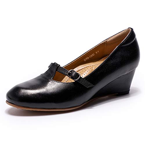 Mona flying Damen Handgefertigt Leder Keilpumps Mittlere Ferse Mary Jane Wedge Pumps,Schwarz,40 EU von Mona flying