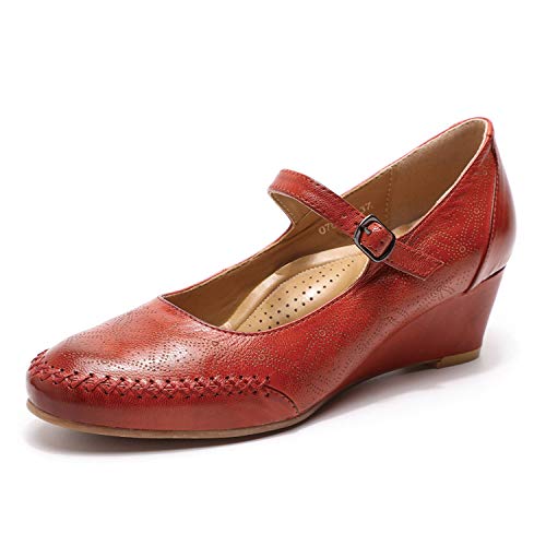 Mona flying Damen Handgefertigt Leder Keilpumps Runde Zehe Wedge Heels Vintage Mary Jane Pumps,Rot,39 EU von Mona flying