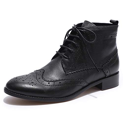 Mona flying Damen Handgefertigt Leder Lace Up Boots Brogue Wingtip Stiefel Blockabsatz Schnürschuhe,Schwarz,38 EU von Mona flying