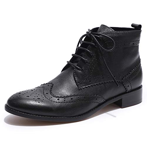 Mona flying Damen Handgefertigt Leder Lace Up Boots Brogue Wingtip Stiefel Blockabsatz Schnürschuhe,Schwarz,40 EU von Mona flying