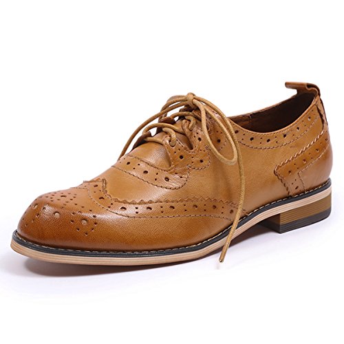 Mona flying Damen Handgefertigt Leder Lace-Up Oxfords Klassisch Wingtip Brogue Flach Schnürschuhe,Braun,39 EU von Mona flying