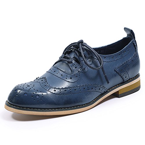 Mona flying Damen Handgefertigt Leder Lace Up Oxfords Wingtip Perforierte Brogues Büro Schuhe,Blau,38 EU von Mona flying