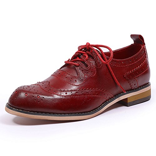 Mona flying Damen Handgefertigt Leder Lace Up Oxfords Wingtip Perforierte Brogues Büro Schuhe,Rot,41 EU von Mona flying