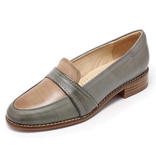 Mona flying Damen Handgefertigt Leder Loafer Slipper Mandelzehe Zweifarbig Mokassins Casual Schuhe,Grau-Kaffee,40.5 EU von Mona flying