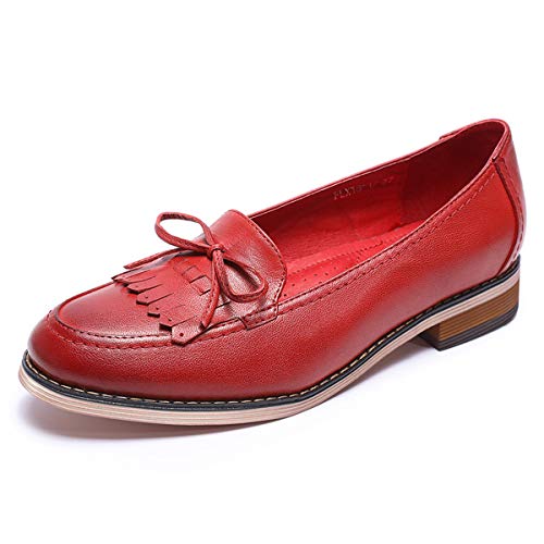 Mona flying Damen Handgefertigt Leder Loafers Quaste Slipper Schuhe Slip-On Flache Schuhe,Rot,40.5 EU von Mona flying