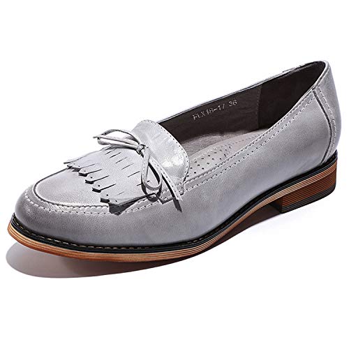 Mona flying Damen Handgefertigt Leder Loafers Quaste Slipper Schuhe Slip-On Flache Schuhe,Grau,40.5 EU von Mona flying