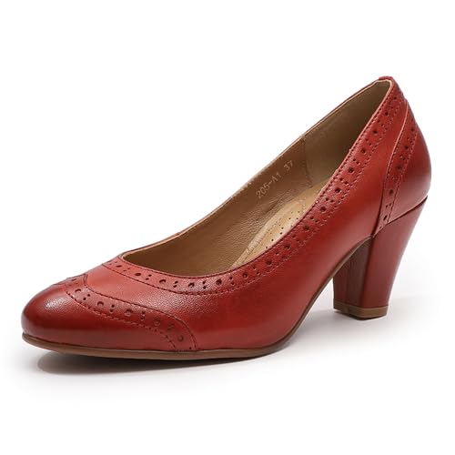 Mona flying Damen Handgefertigt Leder Pumps Mit Blockabsatz Wingtip Slip On High Heels Für Damen,Rot,40 EU von Mona flying